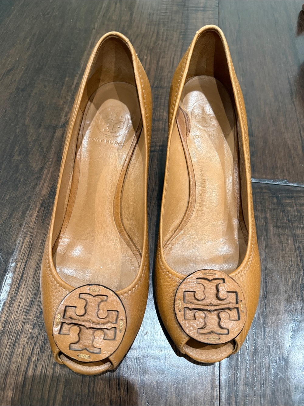 Tory Burch Tan Leather Peep-Toe Logo Flats